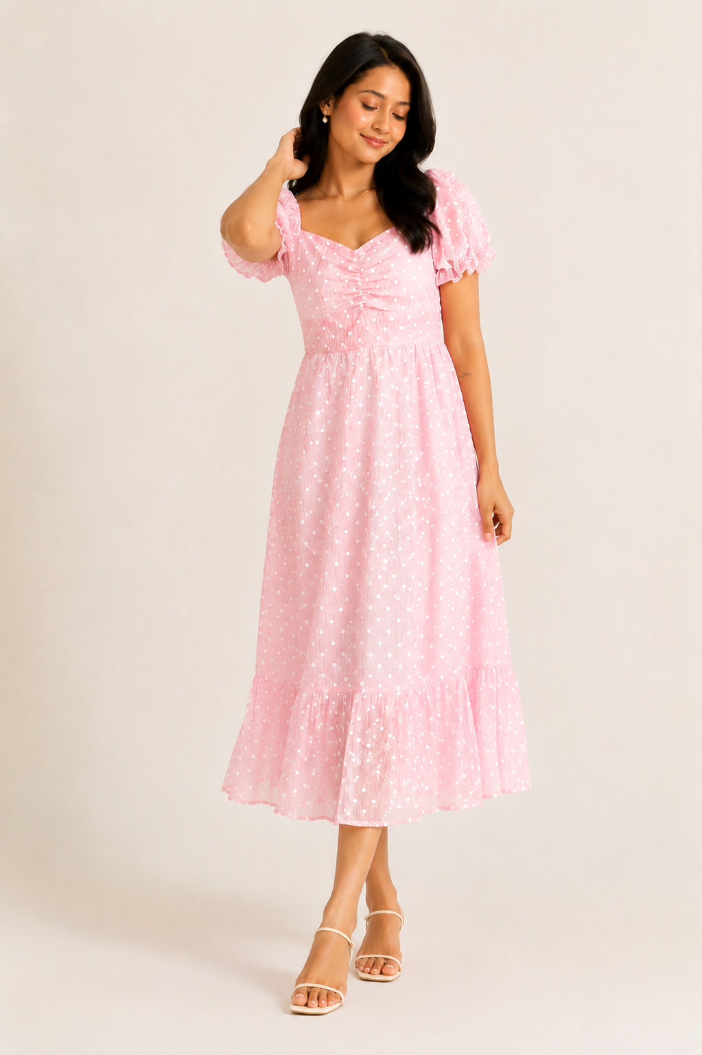Meher - Pink Polka Dot Crepe Dress