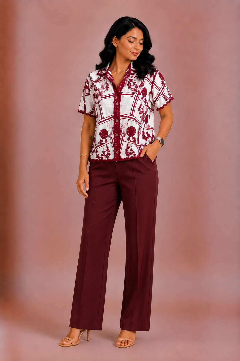 Noor - Maroon Crochet Shirt
