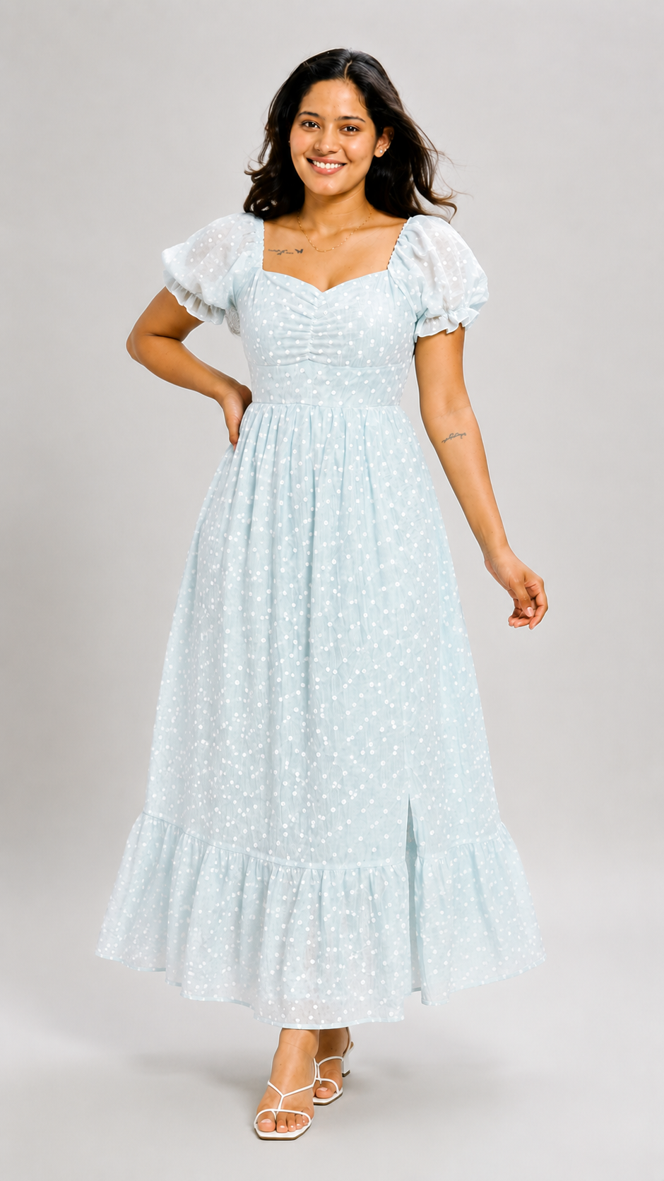 Meera - Powder Blue Polka Dot Crepe Dress