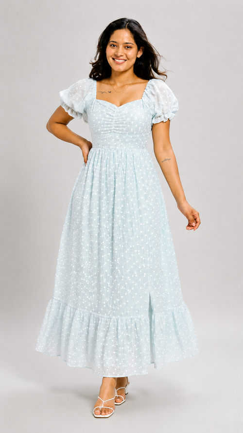 Meera - Powder Blue Polka Dot Crepe Dress
