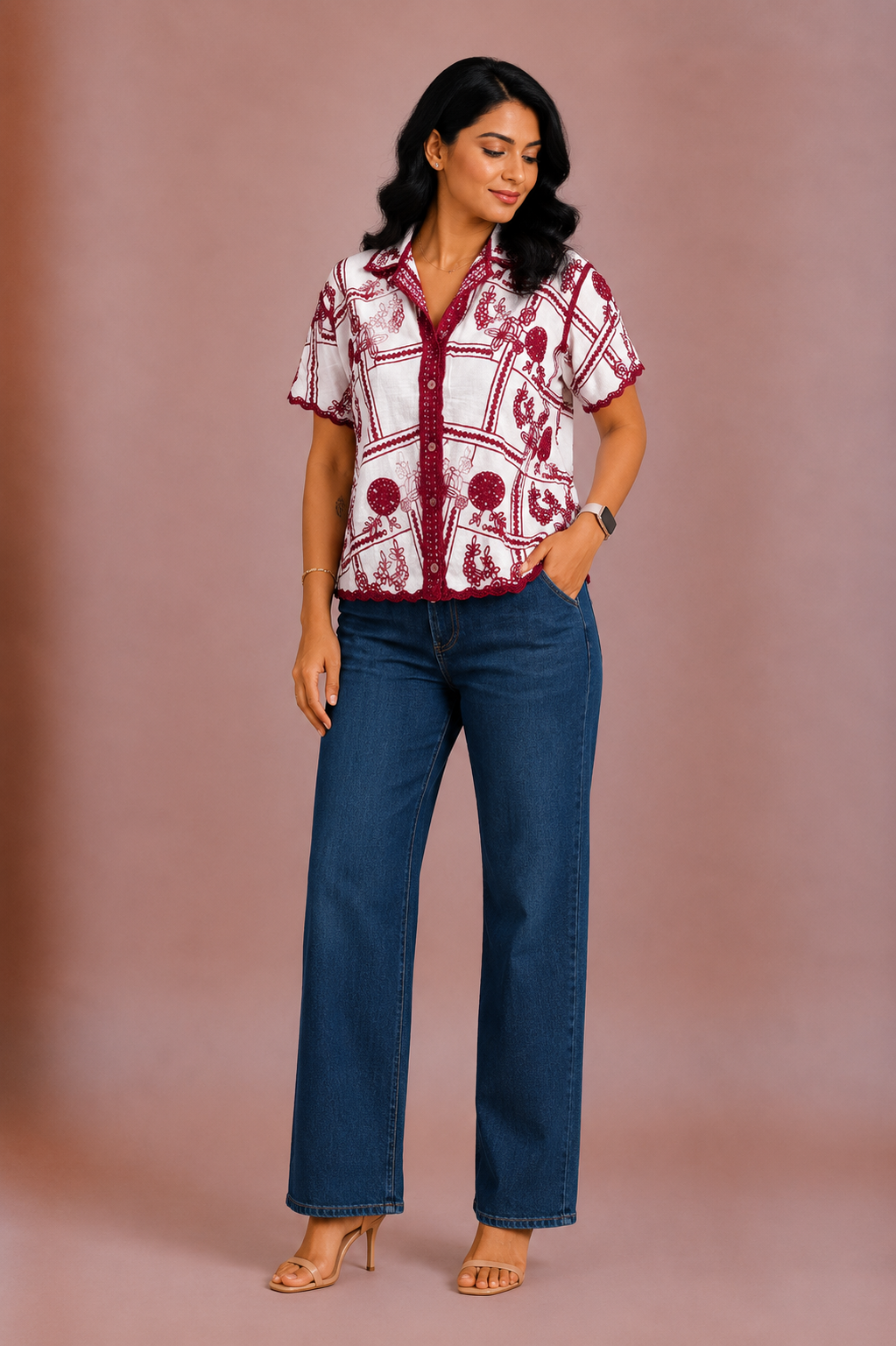 Noor - Maroon Crochet Shirt
