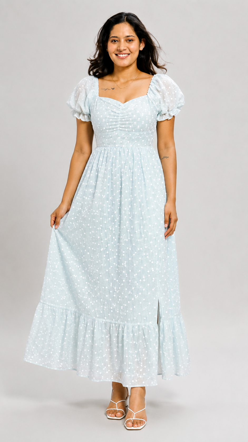Meera - Powder Blue Polka Dot Crepe Dress