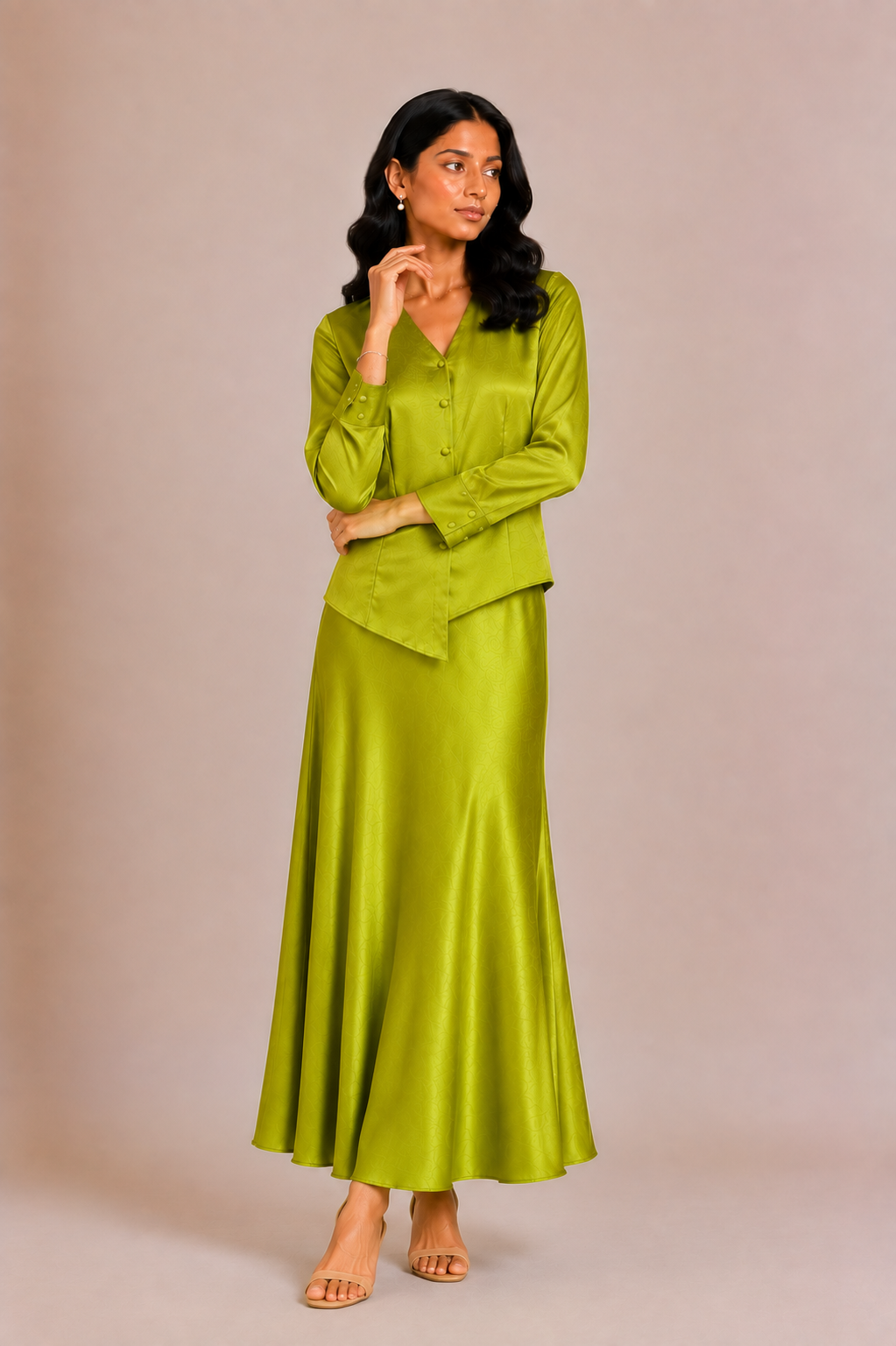 Aanya - Chartreuse Satin Shirt & Skirt Set