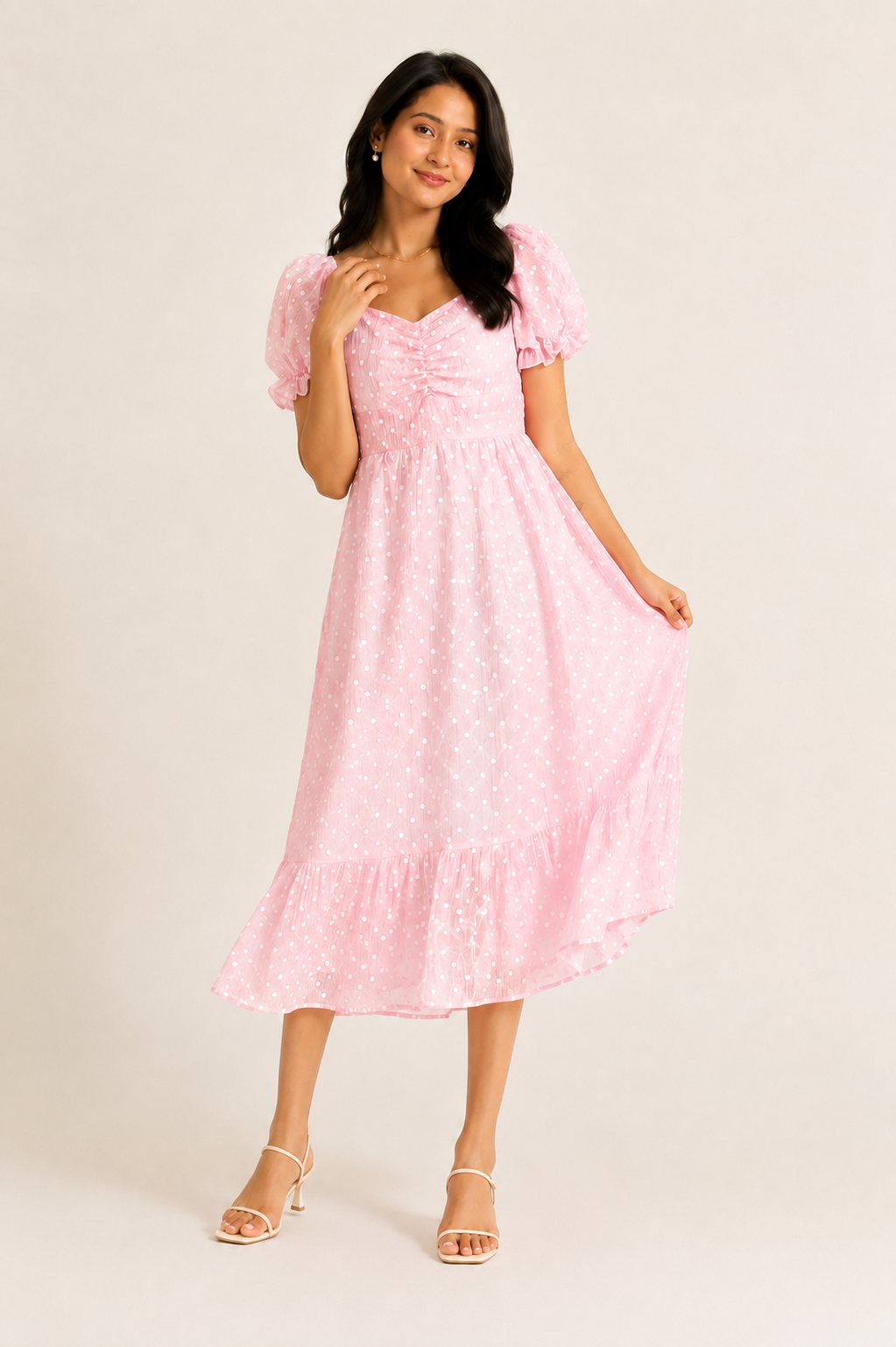 Meher - Pink Polka Dot Crepe Dress