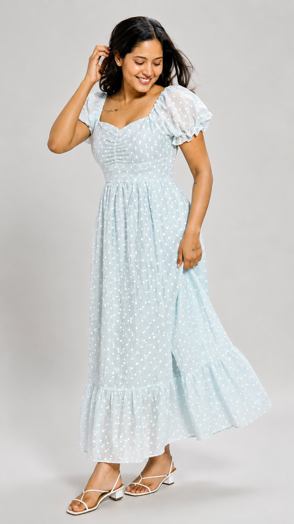 Meera - Powder Blue Polka Dot Crepe Dress