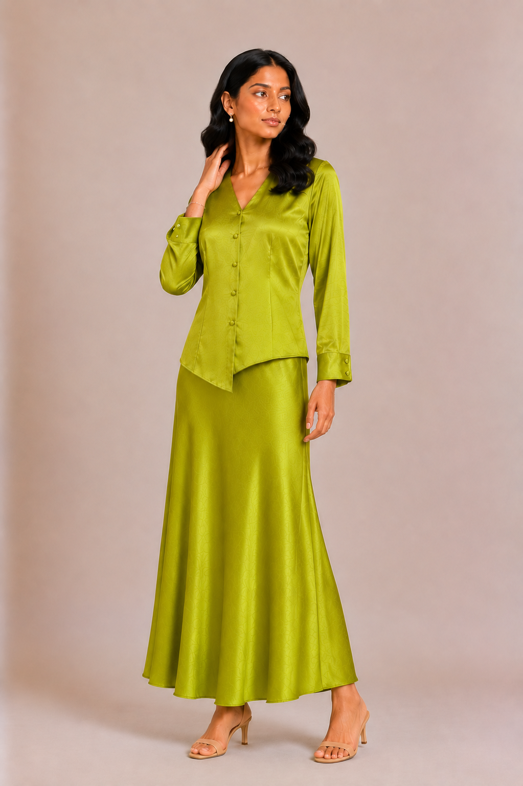 Aanya - Chartreuse Satin Shirt & Skirt Set