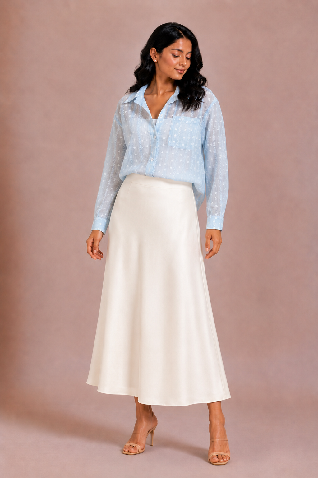 Taara - Powder Blue Star Thread-Work Sheer Shirt