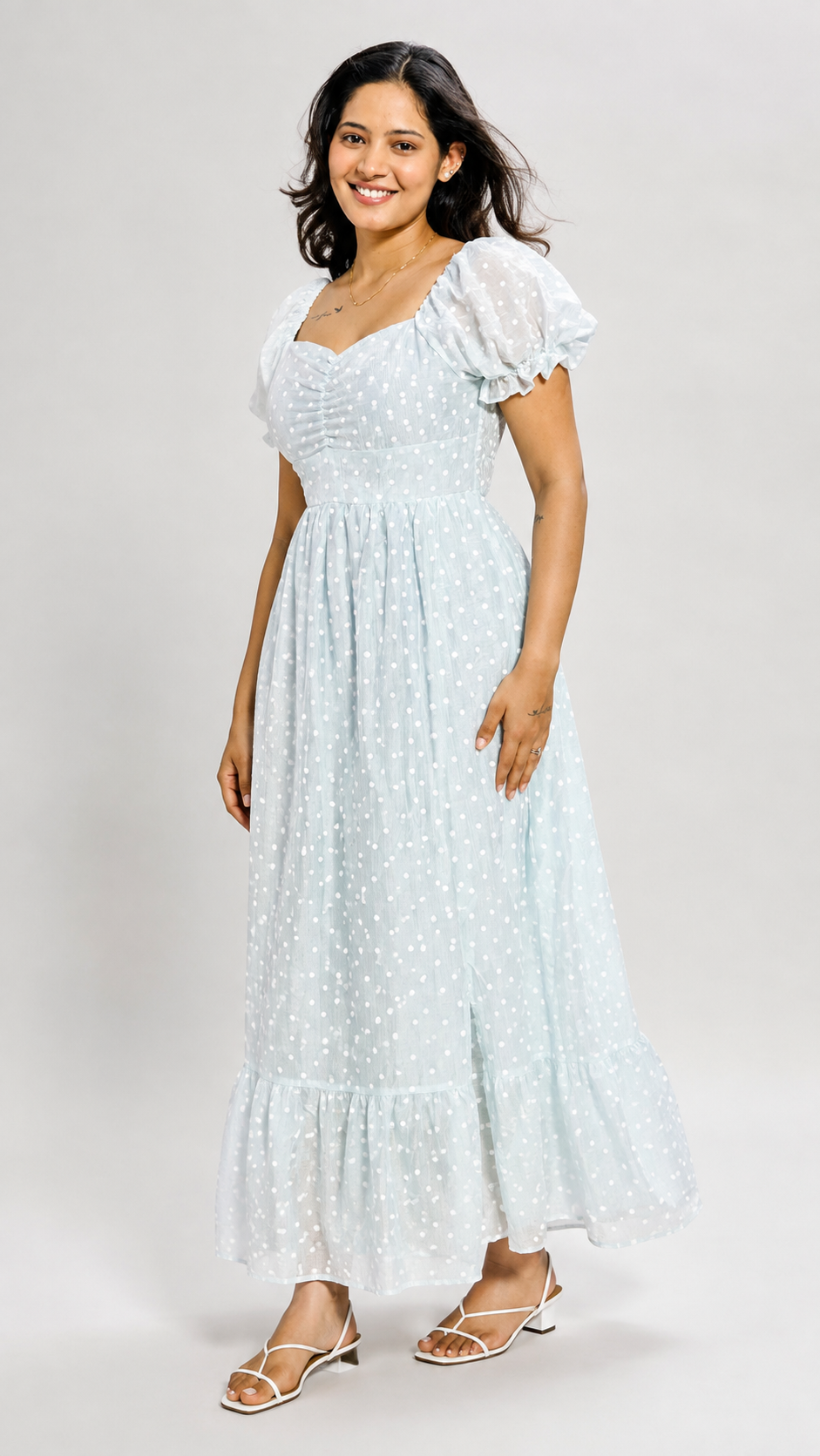 Meera - Powder Blue Polka Dot Crepe Dress