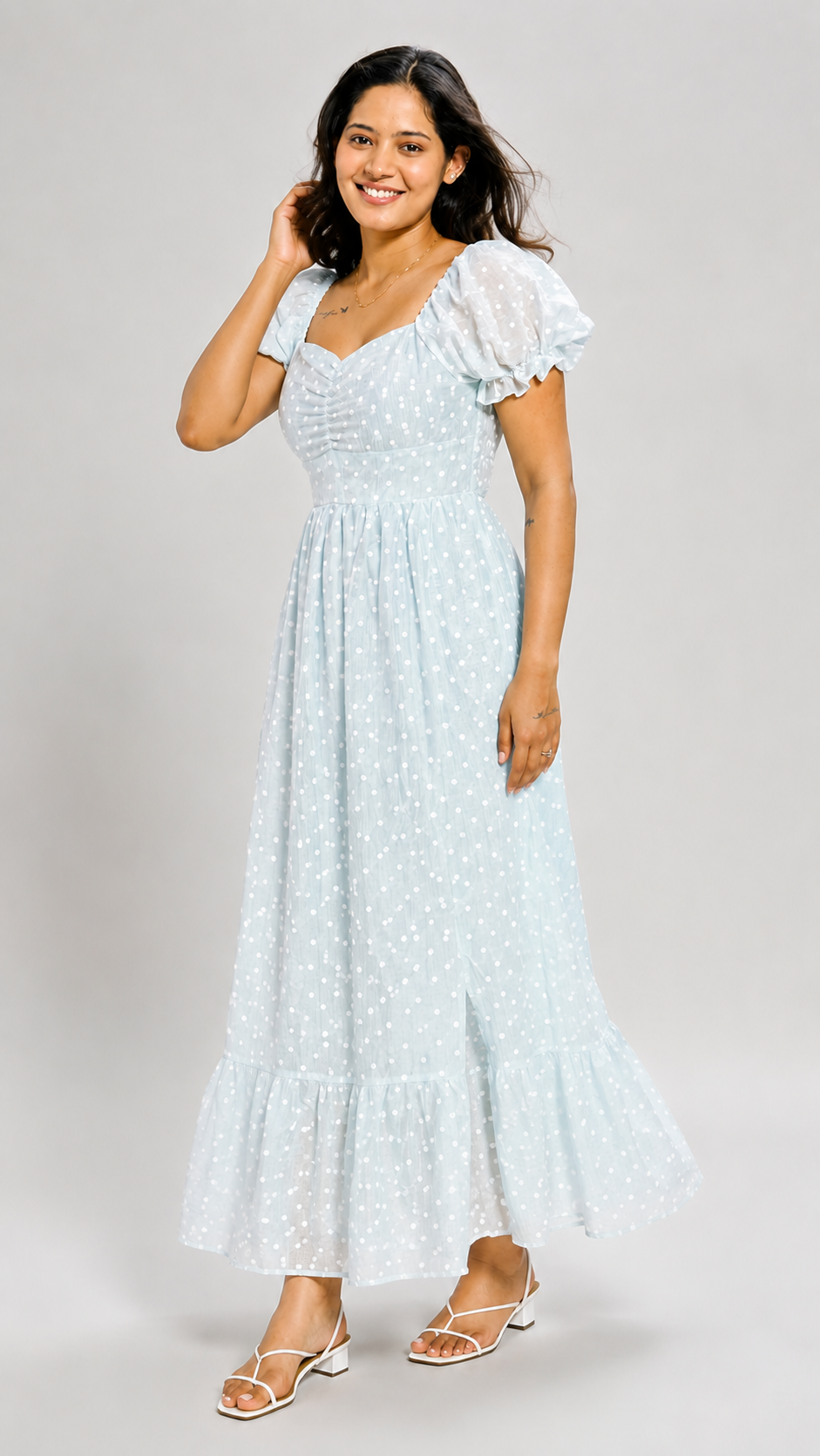 Meera - Powder Blue Polka Dot Crepe Dress