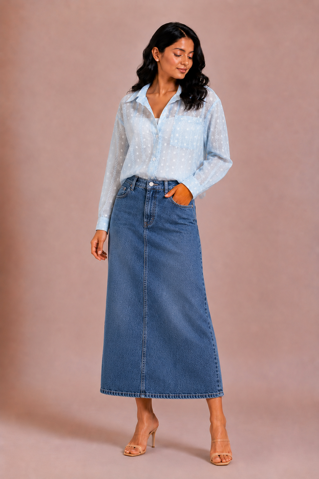 Taara - Powder Blue Star Thread-Work Sheer Shirt