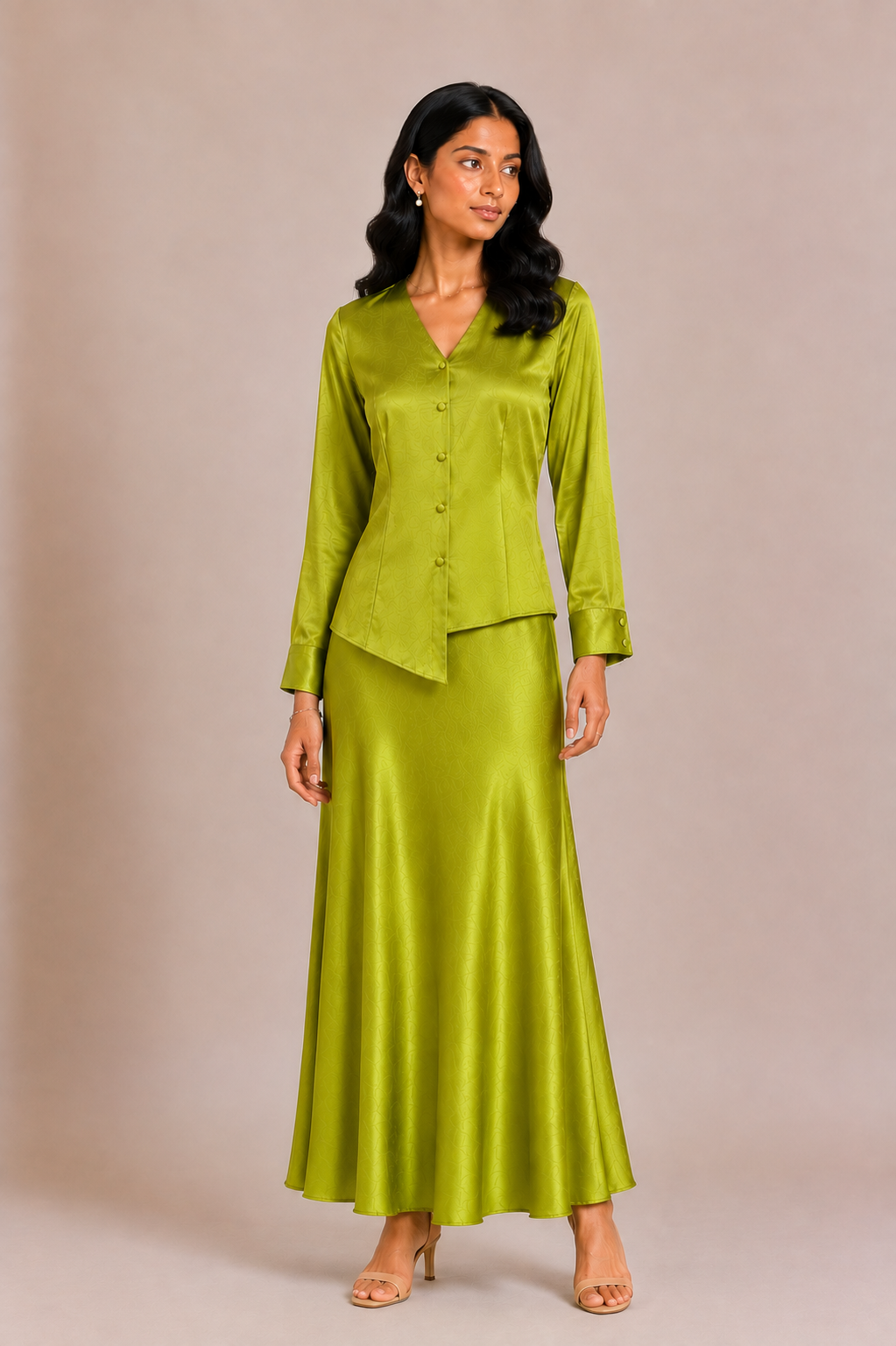 Aanya - Chartreuse Satin Shirt & Skirt Set