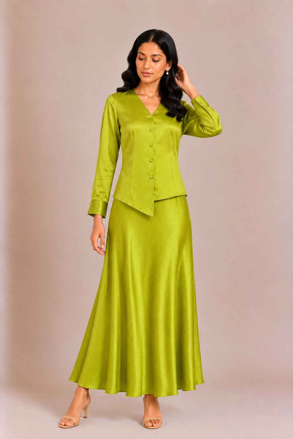 Aanya - Chartreuse Satin Shirt & Skirt Set